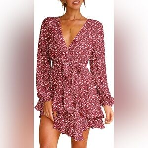 Red and White Floral Tie-Waist Mini Dress